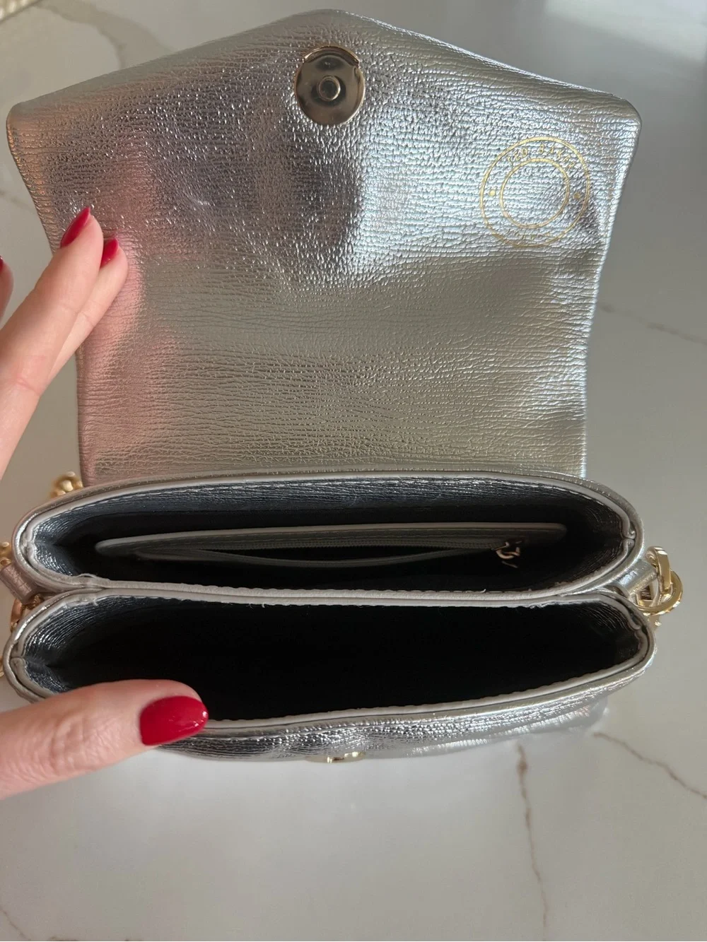 Ted Baker Silver Metallic Top Handle Satchel with Gold Lock